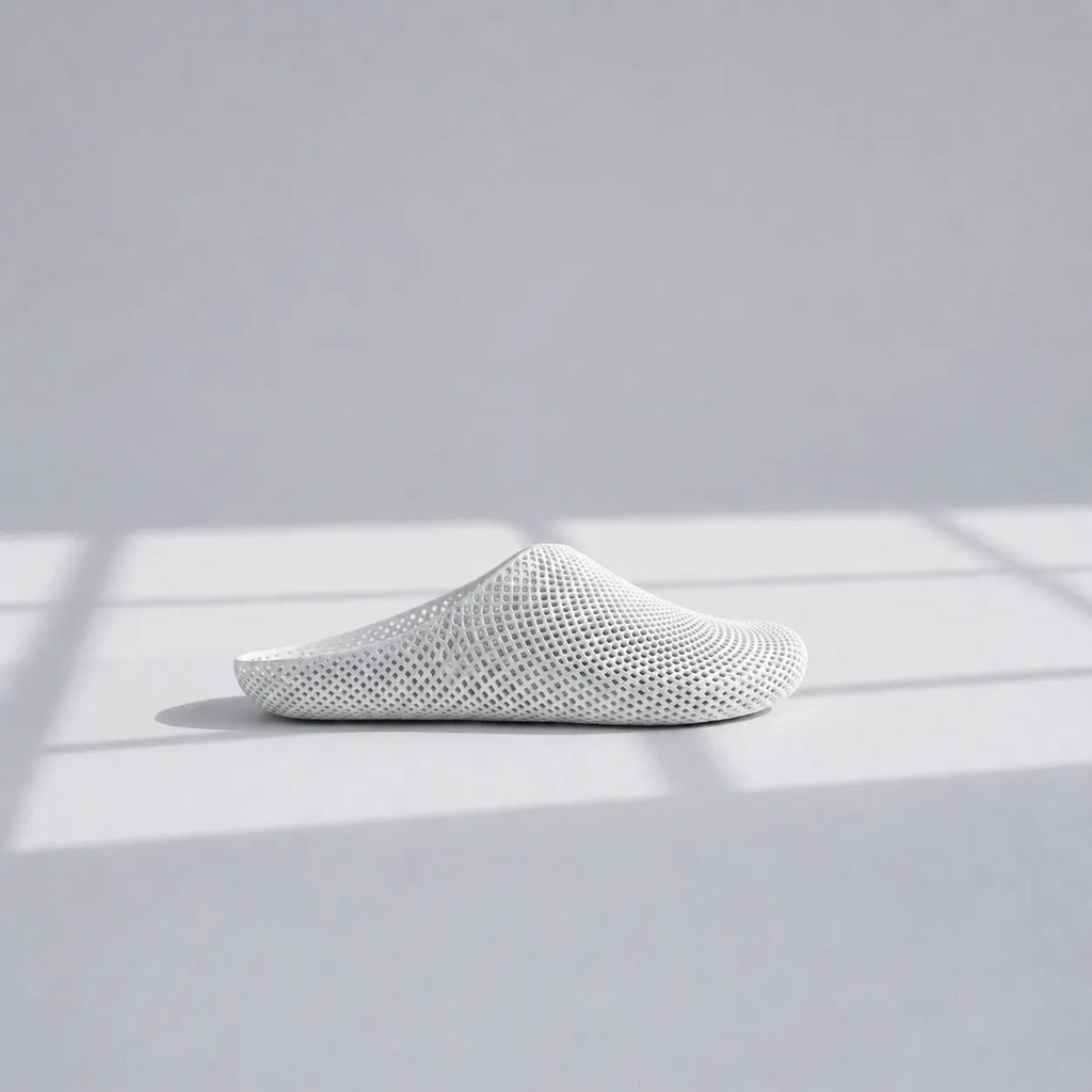EASE 01 3D printed house slipper —  showing fine mesh lattice upper and minimal sole