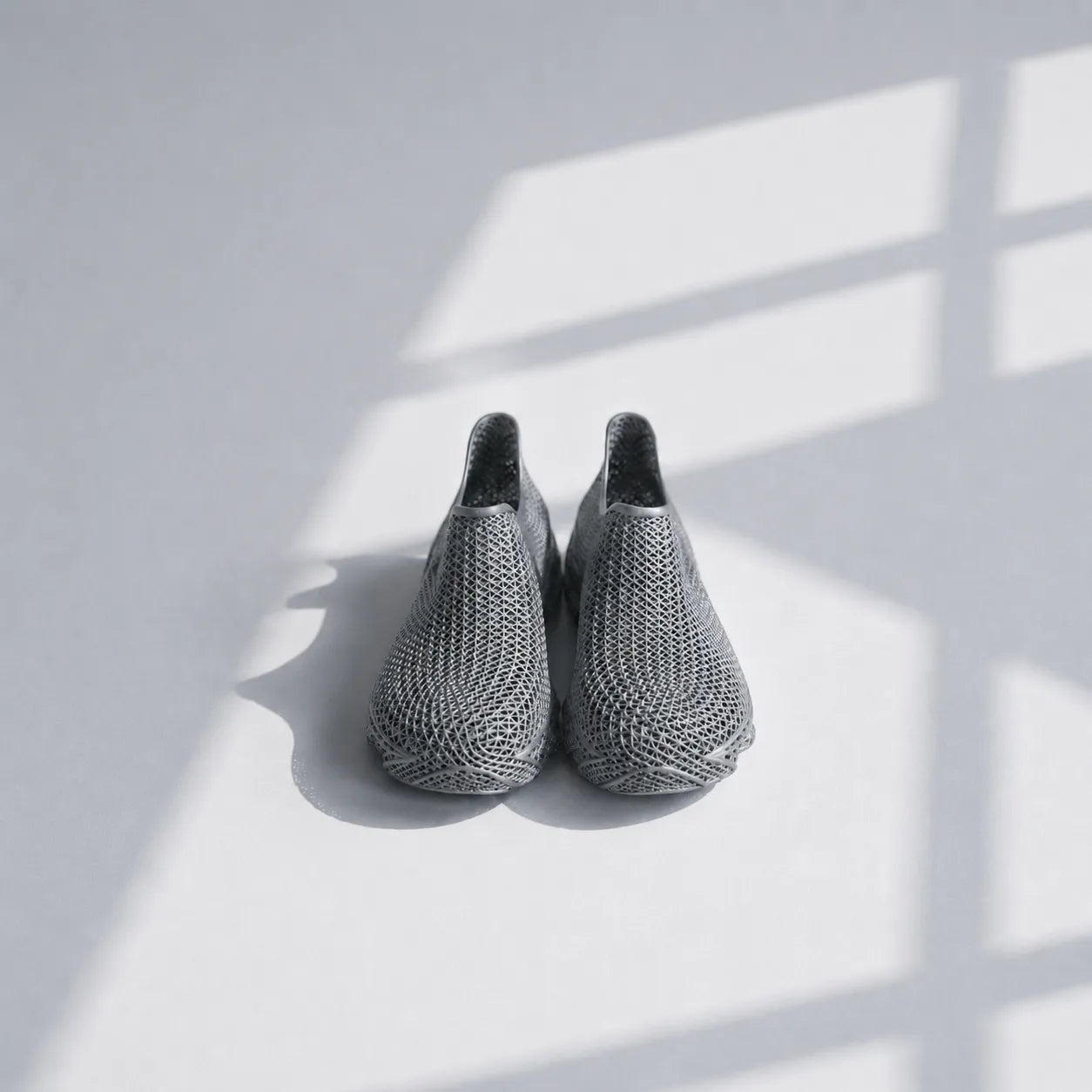EXTRALOGIA FORM02 3D printed shoe pair — showing triangulated open-lattice structure