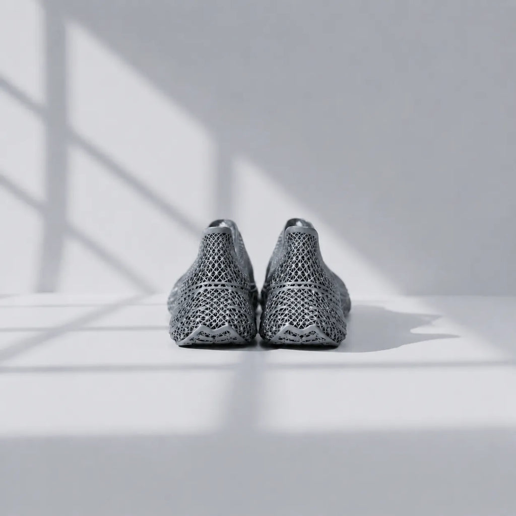 EXTRALOGIA FORM02 3D printed shoe pair — showing triangulated open-lattice structure