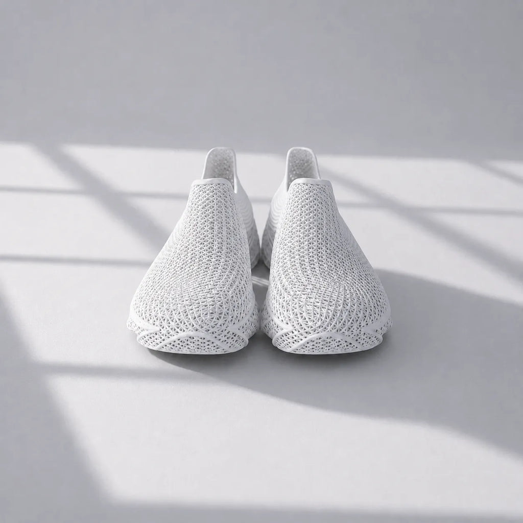 EXTRALOGIA FORM02 3D printed shoe pair — showing triangulated open-lattice structure