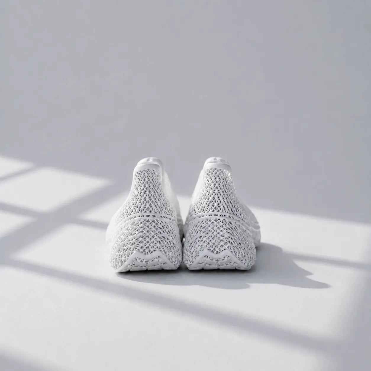 EXTRALOGIA FORM02 3D printed shoe pair — showing triangulated open-lattice structure