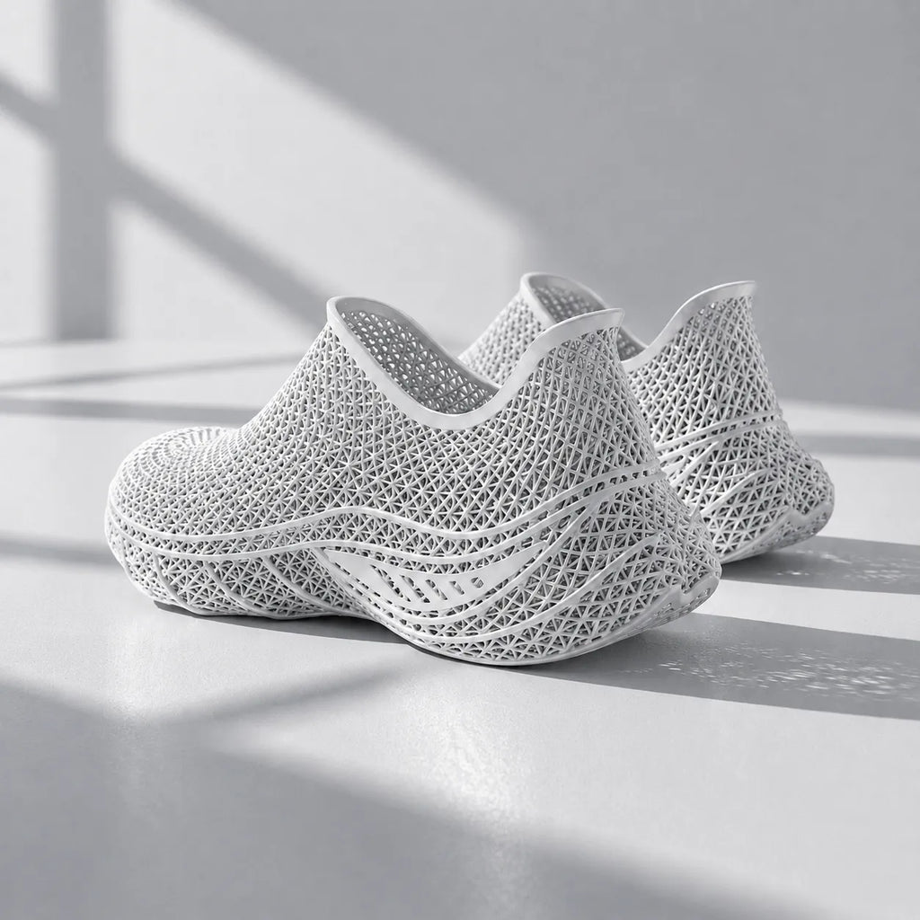EXTRALOGIA FORM02 3D printed shoe pair — showing triangulated open-lattice structure