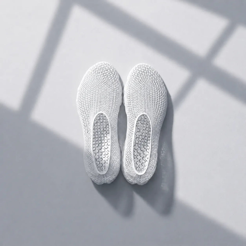 EXTRALOGIA FORM02 3D printed shoe pair — showing triangulated open-lattice structure