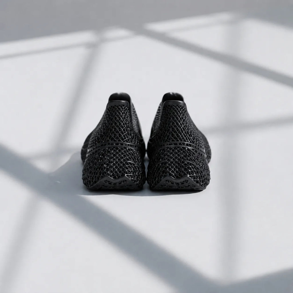 EXTRALOGIA FORM02 3D printed shoe pair — showing triangulated open-lattice structure