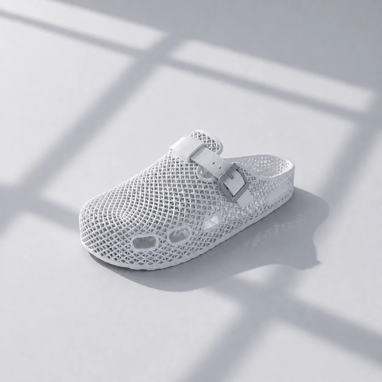 TRANSIT 02 3D printed clog — lattice upper, buckle strap, and contoured sole