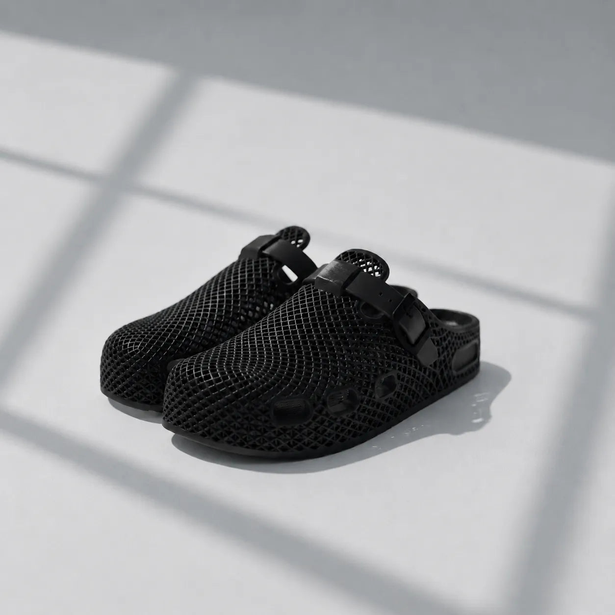 TRANSIT 02 3D printed clog — lattice upper, buckle strap, and contoured sole