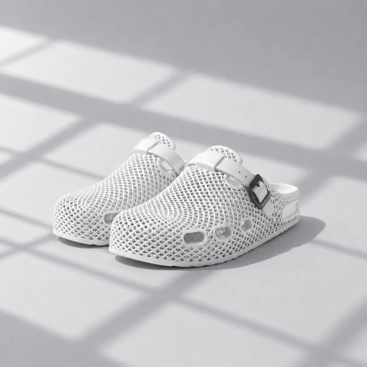 TRANSIT 02 3D printed clog — lattice upper, buckle strap, and contoured sole